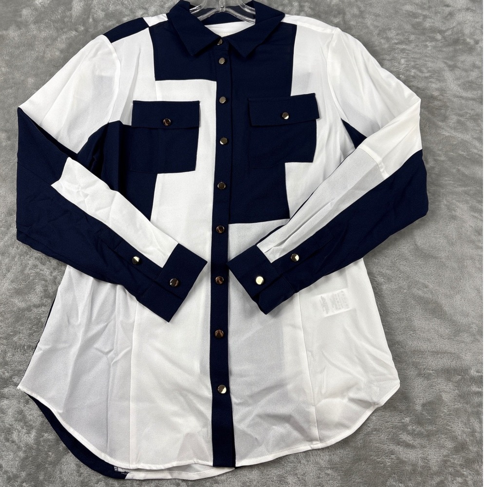 Damsel in a Dress Navy White Colorblock Button Down Blouse Gold Buttons Size 12